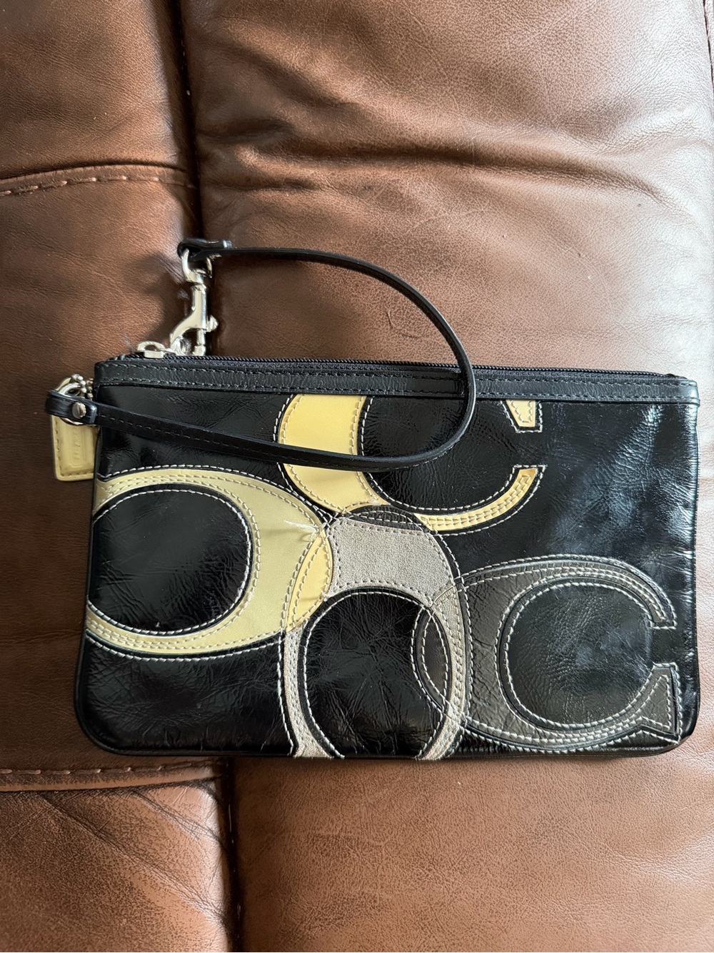 Vintage Coach Black Leather Wristlet with Yellow and Gray Patchwork